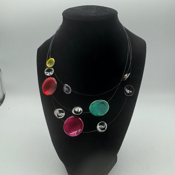 Colorful Multistrand Necklace With Enameled Silver-Toned Beads By Ikita - Picture 1 of 6
